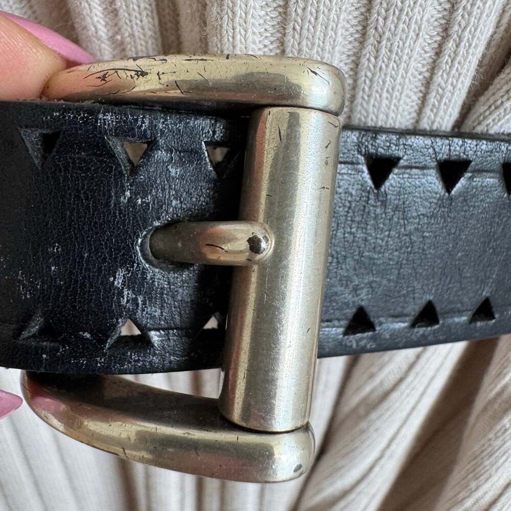 Lauren Ralph Lauren Vintage Black Leather Cut Out Geometric Belt Silver Buckle - Picture 11 of 13
